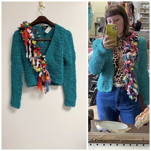 Vintage 80s Teal Multicolor Stretch Knit Unique Artsy Cardigan Sweater S/M